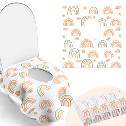 30 Pack Toilet Seat Covers Disposable Individually Wrapped for Travel Large Waterproof Potty Covers for Kids and AdultsToddler Potty Training for Public Restroom Airplane Trip Rainbow