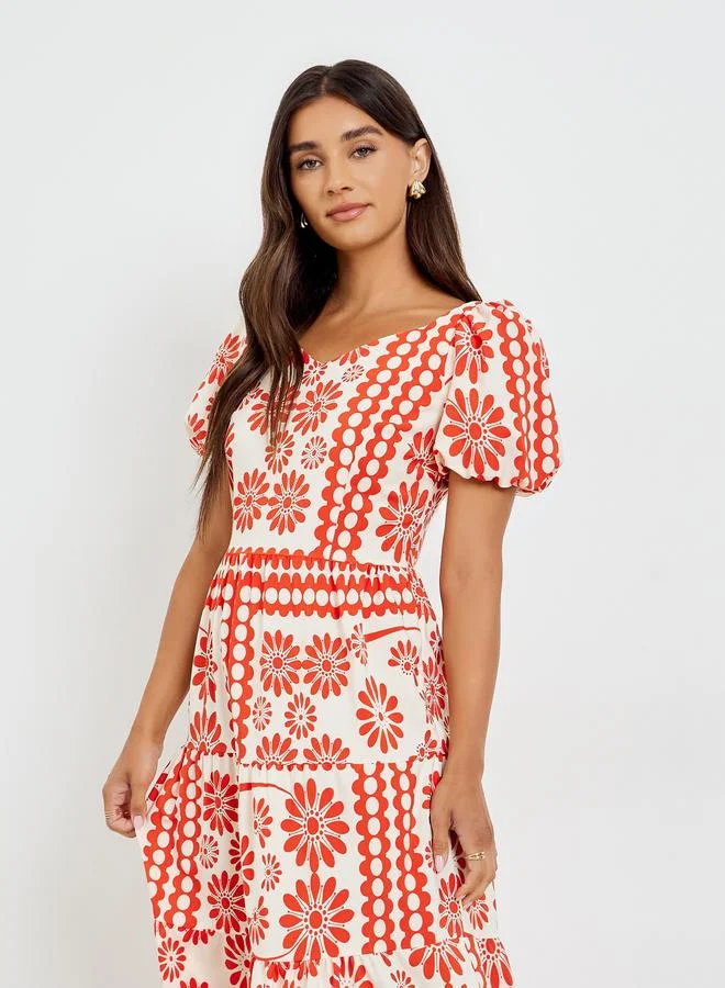 Styli Red Floral Tiered Maxi Dress