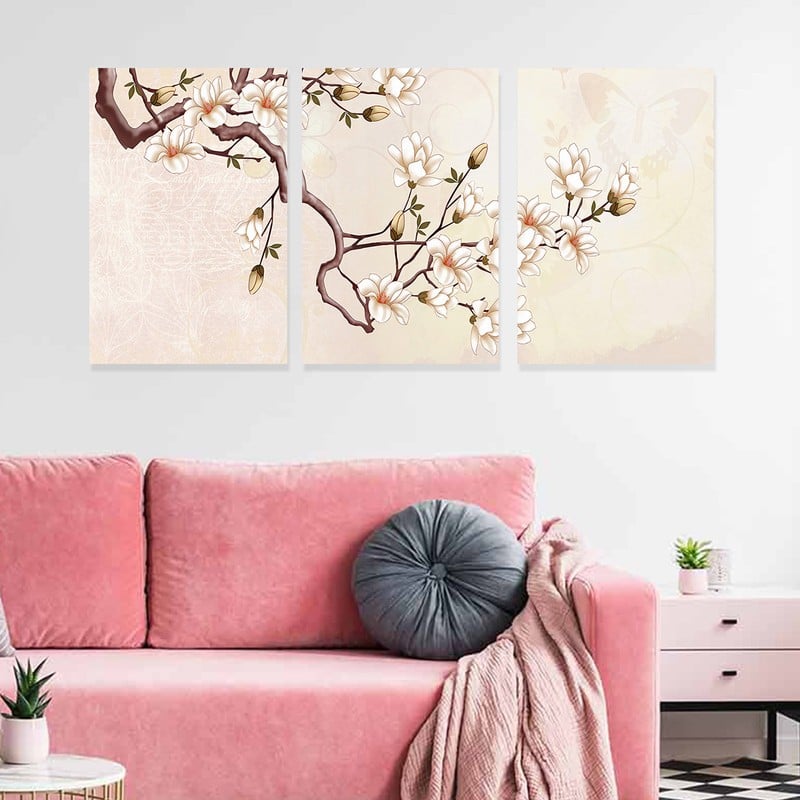 Marktna Three canvas panels with a floral design and a hollow frame, measuring (90×40), three pieces - Image 1