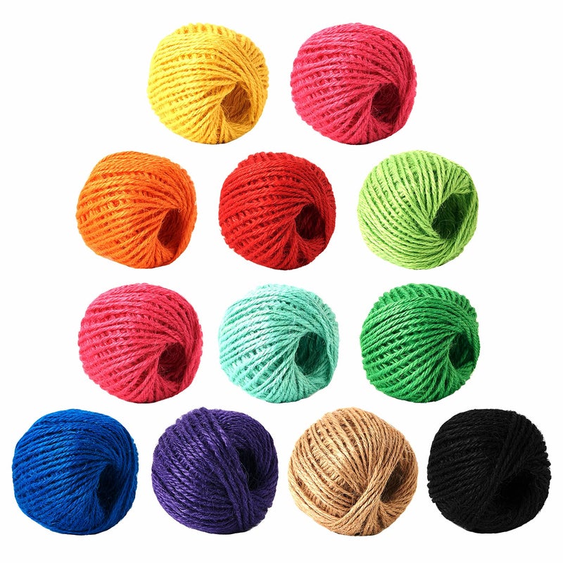 HSTECH 12 Rolls 2mm 3 ply Colorful Natural Jute String for Artworks Handmade Crafts Plant Hanger Gift Wrapping String DIY Crafts Picture Display and Embellishments Gardening