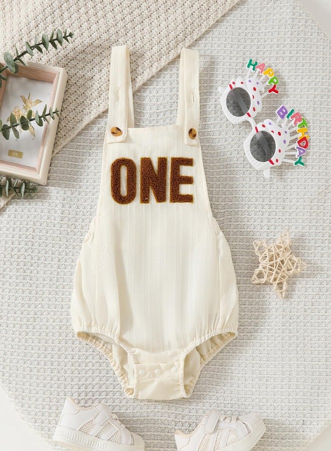 Honganda Summer Baby Boy 1st Birthday Outfit Sleeveless Backless 1 Year Old Overalls Cake Smash Romper for First Birthday (Beige, 12-18 Months) - Image 3