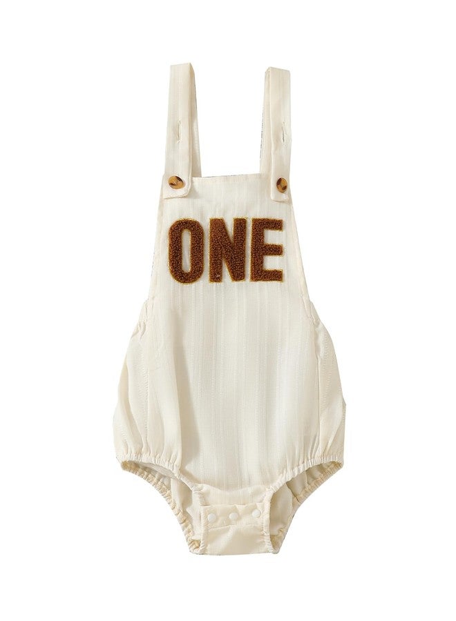 Honganda Summer Baby Boy 1st Birthday Outfit Sleeveless Backless 1 Year Old Overalls Cake Smash Romper for First Birthday (Beige, 12-18 Months) - Image 1
