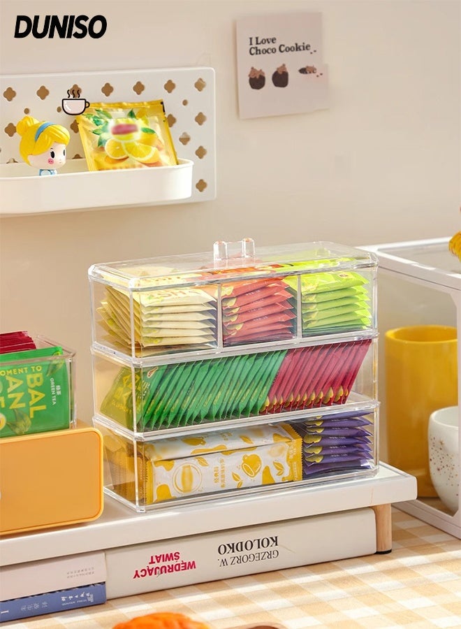 DUNISO 3 Tier Tea Bag Organizer with Lid,Clear Stackable Tea Bag Holder,Dustproof and Moistureproof,for Kitchen Countertops Cabinets Coffee Sugar Packets Storage - Image 1