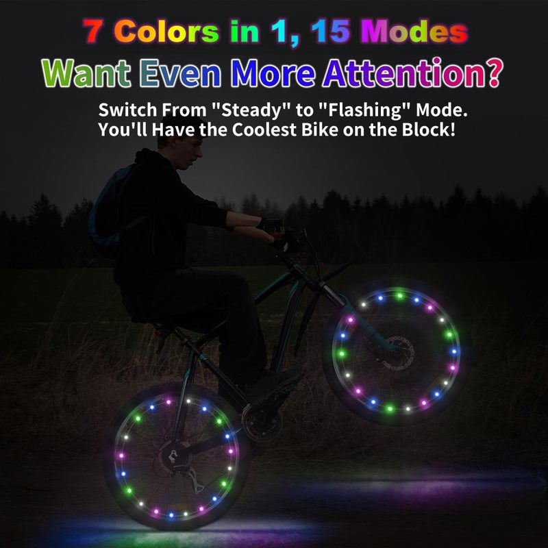 DAWAY A01 LED Bike Wheel Lights - Bright Bicycle Spoke Lights (2 Tires, 7-Color), 15 Modes, Waterproof Safety Tire Lights for Kids Adults, Fun Bike Decoration Accessories, with Batteries - Image 3