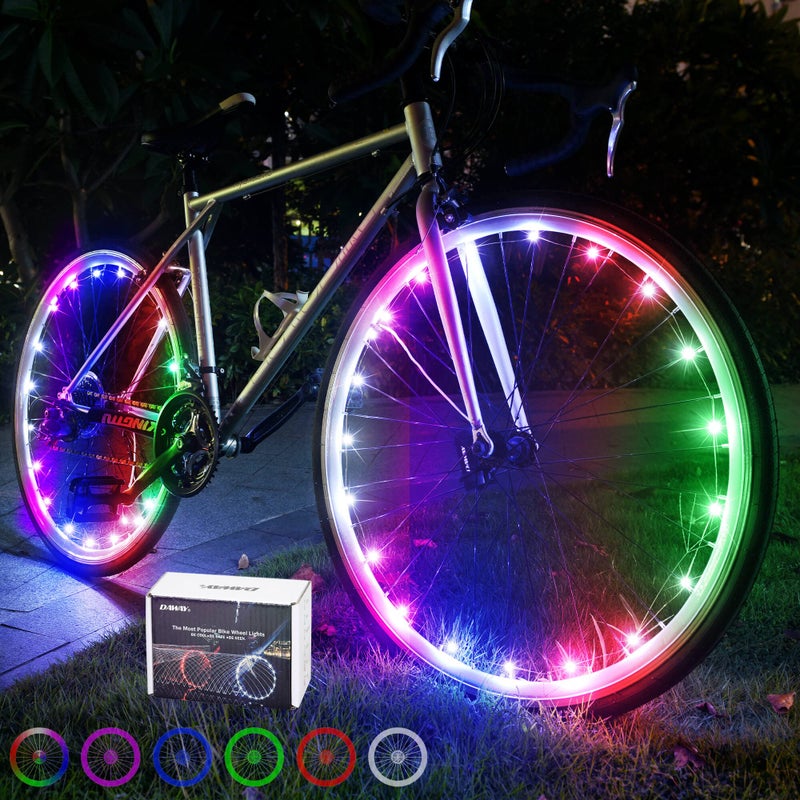 DAWAY A01 LED Bike Wheel Lights - Bright Bicycle Spoke Lights (2 Tires, 7-Color), 15 Modes, Waterproof Safety Tire Lights for Kids Adults, Fun Bike Decoration Accessories, with Batteries - Image 1