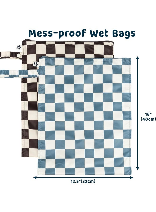 Tiny Twinkle Mess-proof Wet Bags 2 Pack Waterproof and Washable Bag for Travel storage, Stroller, Daycare, Baby Diapers, Yoga, Beach, Pool, Wet Toddler Swimsuits (Blue, Black Checkers) - Image 2