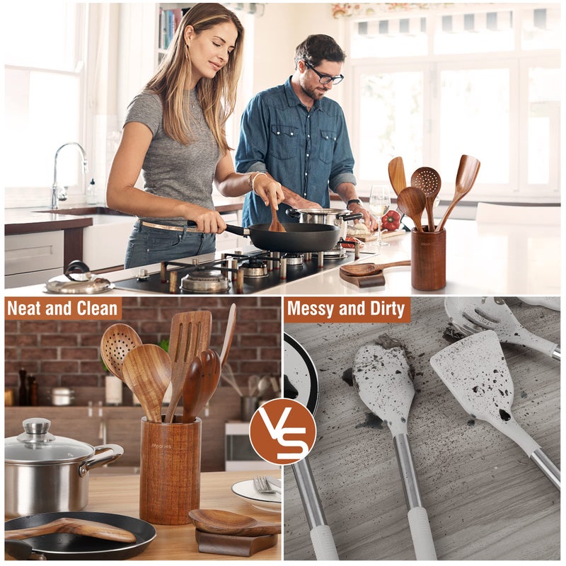 Mooues 9 Piece Natural Teak Wooden Kitchen Utensil Set with Spoon Rest - Comfort Grip Cooking Spoons and Utensils Holder - Image 5