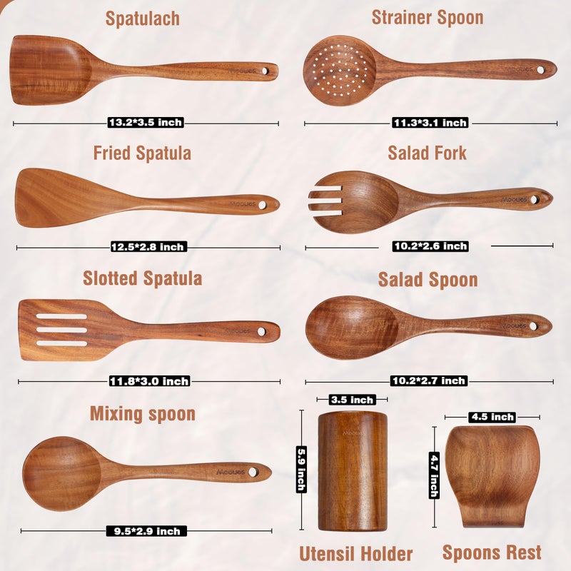 Mooues 9 Piece Natural Teak Wooden Kitchen Utensil Set with Spoon Rest - Comfort Grip Cooking Spoons and Utensils Holder - Image 3