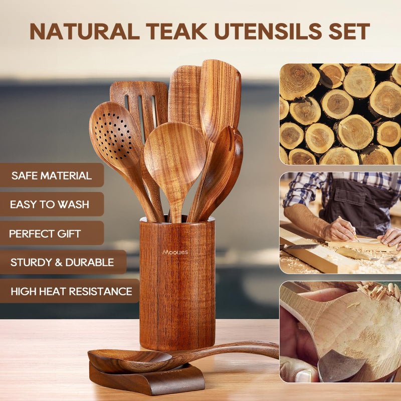 Mooues 9 Piece Natural Teak Wooden Kitchen Utensil Set with Spoon Rest - Comfort Grip Cooking Spoons and Utensils Holder - Image 2