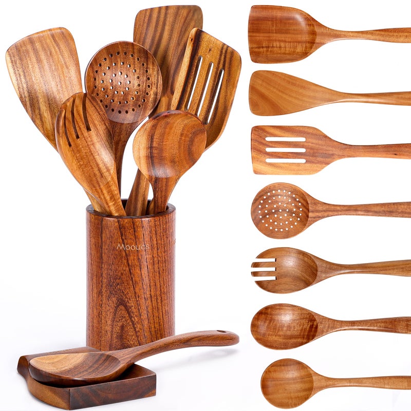 Mooues 9 Piece Natural Teak Wooden Kitchen Utensil Set with Spoon Rest - Comfort Grip Cooking Spoons and Utensils Holder - Image 1