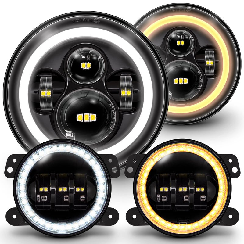 ONLINE LED STORE 4" Fog Light + 7" Round LED Headlights Replacement for Jeep Wrangler 1987-2018 [HALO DRL + Turn Signal] [H4 Plug n Play] [Built-In CAN Bus] - Head Lights Compatible with Jeep Wrangler Accessories