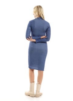 Andora Heather Blue Fitted Midi Dress With Zipped Band Neck  - Image 3