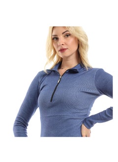 Andora Heather Blue Fitted Midi Dress With Zipped Band Neck  - Image 4