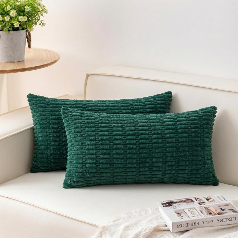 Aegero Pack of 2 Corduroy Decorative Throw Pillow Covers 12x20 Inch Soft Striped Pillow Covers Modern Farmhouse Home Decor for Sofa Living Room Couch Bed（Blackish Green） - Image 1