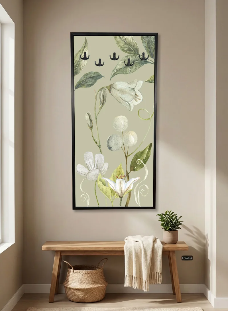 LOWHA Coat Rack Embedded in Floral Design Canvas Wall Art Stretched Over Wooden Frame with Black Floating Frame