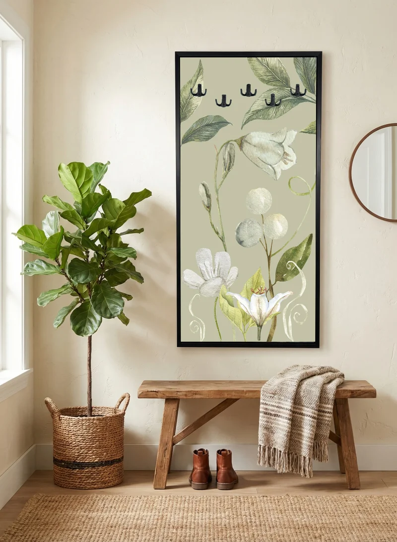 LOWHA Coat Rack Embedded in Floral Design Canvas Wall Art Stretched Over Wooden Frame with Black Floating Frame