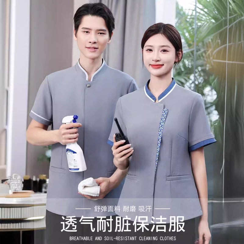 Chinese Style Cleaning Work Clothes Short Sleeve Hotel Guest Room Property Shopping Mall Sales Office Cleaning Auntie Cleaning Clothes Summer Men and Women female gray  - Image 2