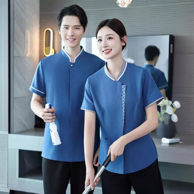 Chinese Style Cleaning Work Clothes Short Sleeve Hotel Guest Room Property Shopping Mall Sales Office Cleaning Auntie Cleaning Clothes Summer Men and Women female gray  - Image 3