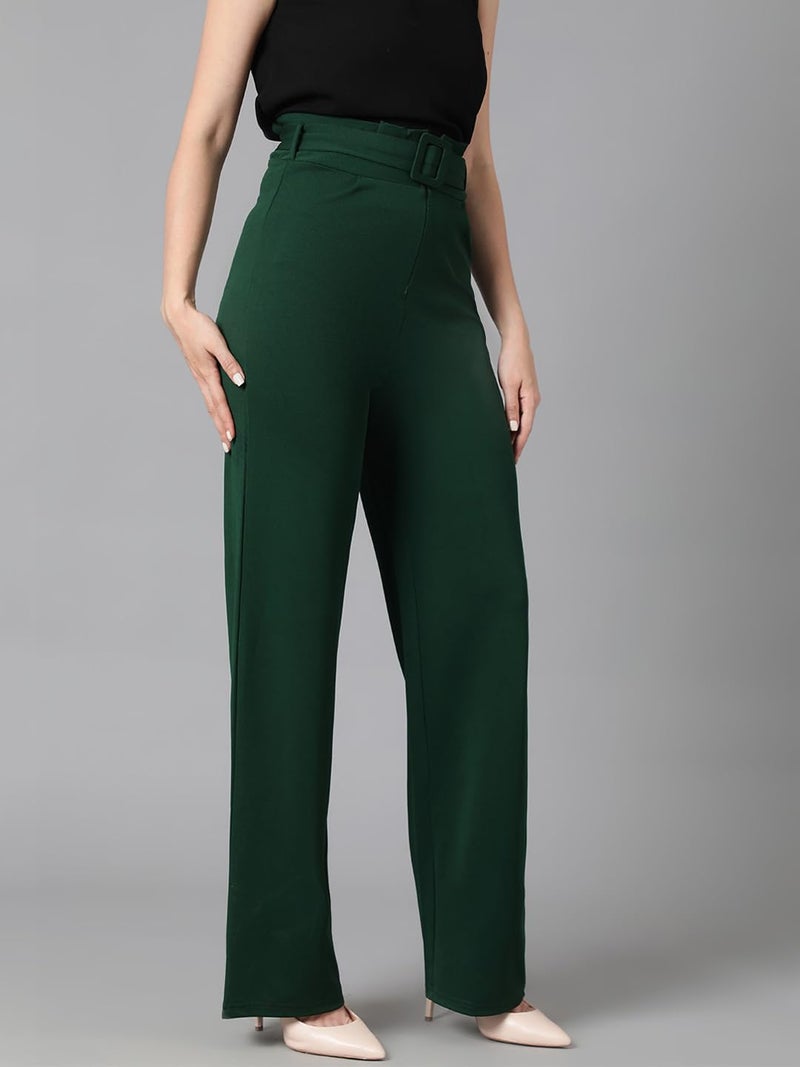 KOTTY Women's High Rise Viscose Rayon Relaxed Fit Korean Trousers Bottle Green - Image 2