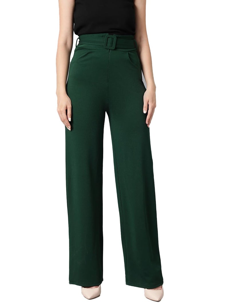 KOTTY Women's High Rise Viscose Rayon Relaxed Fit Korean Trousers Bottle Green - Image 1