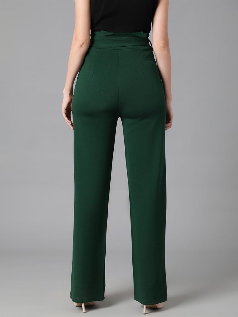 KOTTY Women's High Rise Viscose Rayon Relaxed Fit Korean Trousers Bottle Green - Image 5