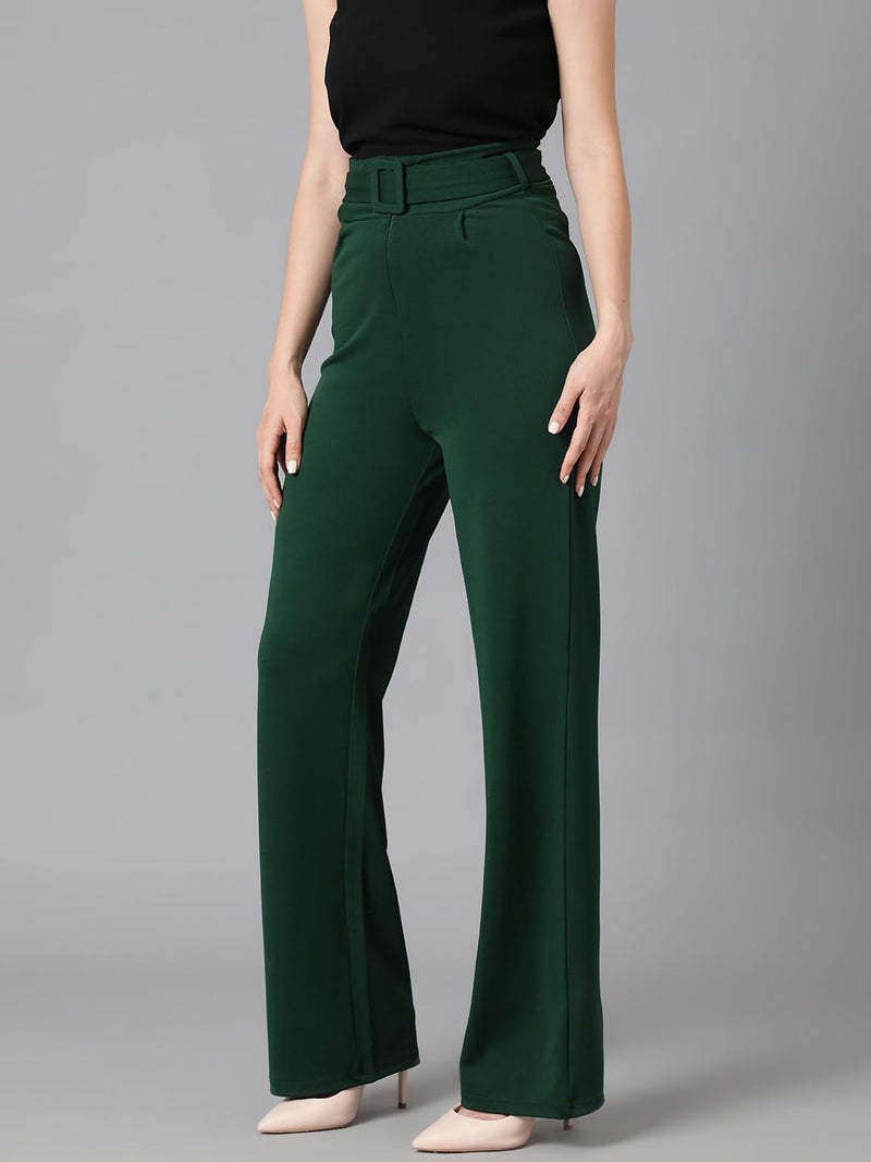 KOTTY Women's High Rise Viscose Rayon Relaxed Fit Korean Trousers Bottle Green - Image 3