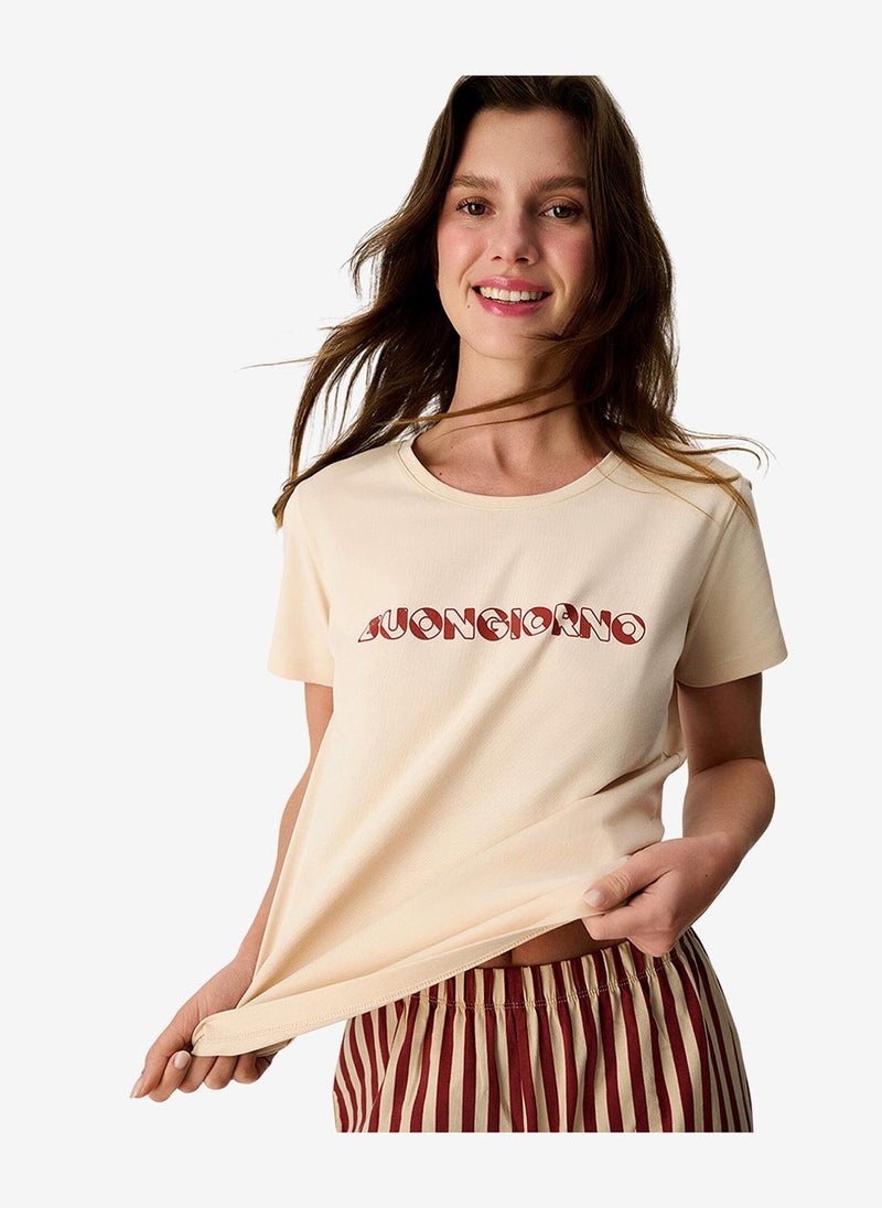 Penti Women Buongiorno Short Sleeve Capri Pastel Beige Pyjama Set - Image 2