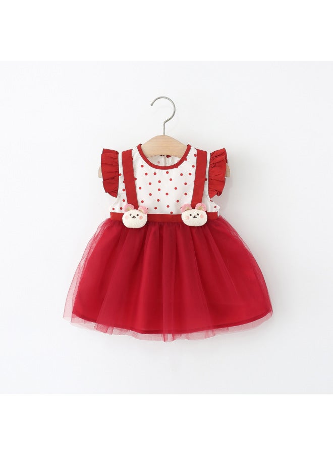 Red Summer New Bear Polka Dot Flying Sleeve Patchwork Dress for Girls