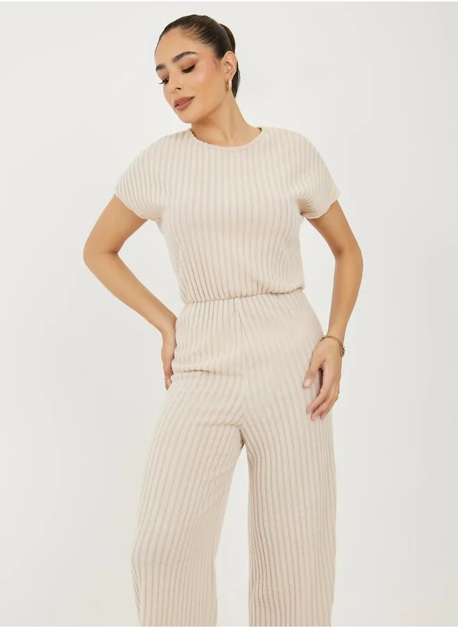 Styli Solid Ribbed Wide Leg Jumpsuit