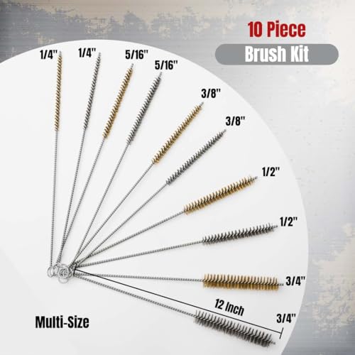 PMD Products 10-Piece Tube Cleaning Brush Kit | Brass Wire Bore Brushes & Stainless Steel Brushes 12" Long (1/4" to 3/4") for Tubes, Cylinders, and Narrow Spaces - Image 2