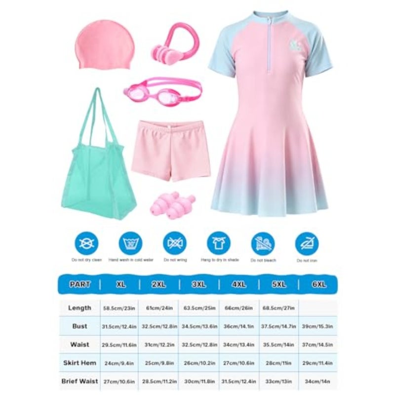 طقم ملابس سباحة للفتيات من Urbazaar مكون من 4 قطع من Rash Guard بعامل حماية من الأشعة فوق البنفسجية 50+، بدلة سباحة سريعة الجفاف مع قبعة سباحة، بدلة استحمام بتصميم سحاب للشاطئ - Image 3