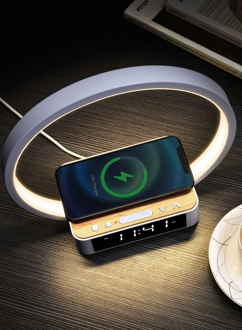 Excefore مصباح طاولة بجانب السرير، مصباح باللمس مع ساعة منبه مع شحن لاسلكي، مصباح LED مكتبي قابل للتعتيم بثلاث درجات مصباح قراءة بجانب السرير - Image 4