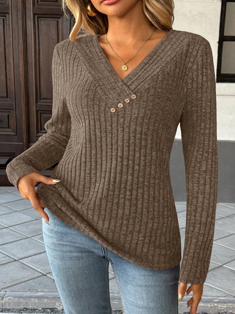 AUTOMET Womens Long Sleeve Shirt Fall Fashion 2025 V Neck Sweater Tunic Tops Dressy Casual Work Blouse Trendy Winter Clothing Khaki M - Image 5