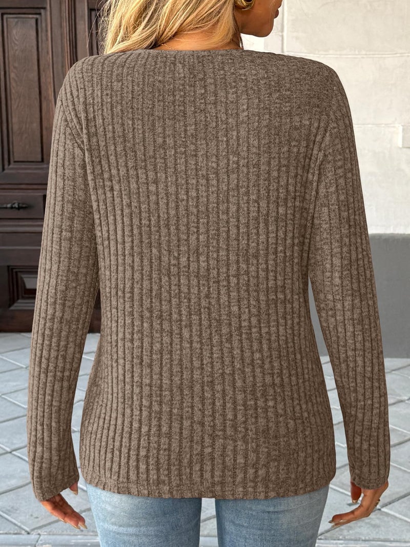 AUTOMET Womens Long Sleeve Shirt Fall Fashion 2025 V Neck Sweater Tunic Tops Dressy Casual Work Blouse Trendy Winter Clothing Khaki M - Image 4