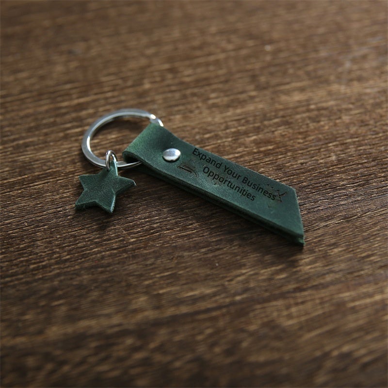 Vintage Cowhide Leather Keychain, Crazy Horse Head Layer, Laser Engraving Custom, Minimalist Key Ring for Car, Gift for Couples Friends - Image 1