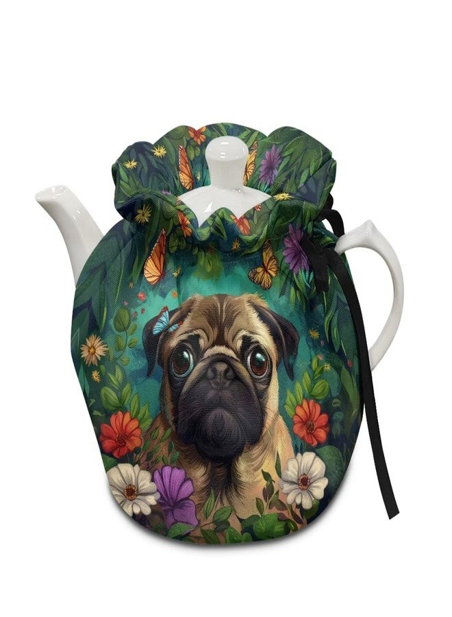 Talayituse Pug Dog Print Tea Cosy Tea Kettle Cover Insulation and Keep Warm, Butterfly Daisy Design Teapot Cozy Breakfast Warmer, Tea Kettle Quilt for Home Kitchen Table Hotel Tea Party Restaurant - Image 1