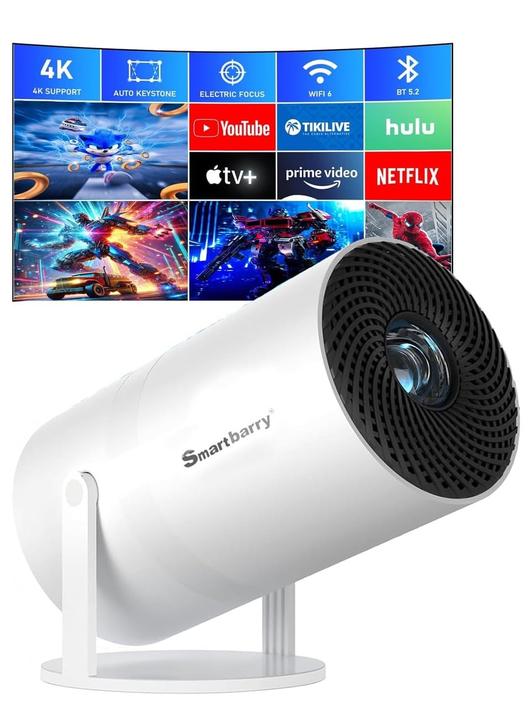 Smartbarry 4K 1080P Mini Projector with WiFi & Bluetooth Portable Premium Android OS Projector, 210° Rotatable Stand, 8000+ Built-in Apps, Dust Removal & Heat Dissipation Design