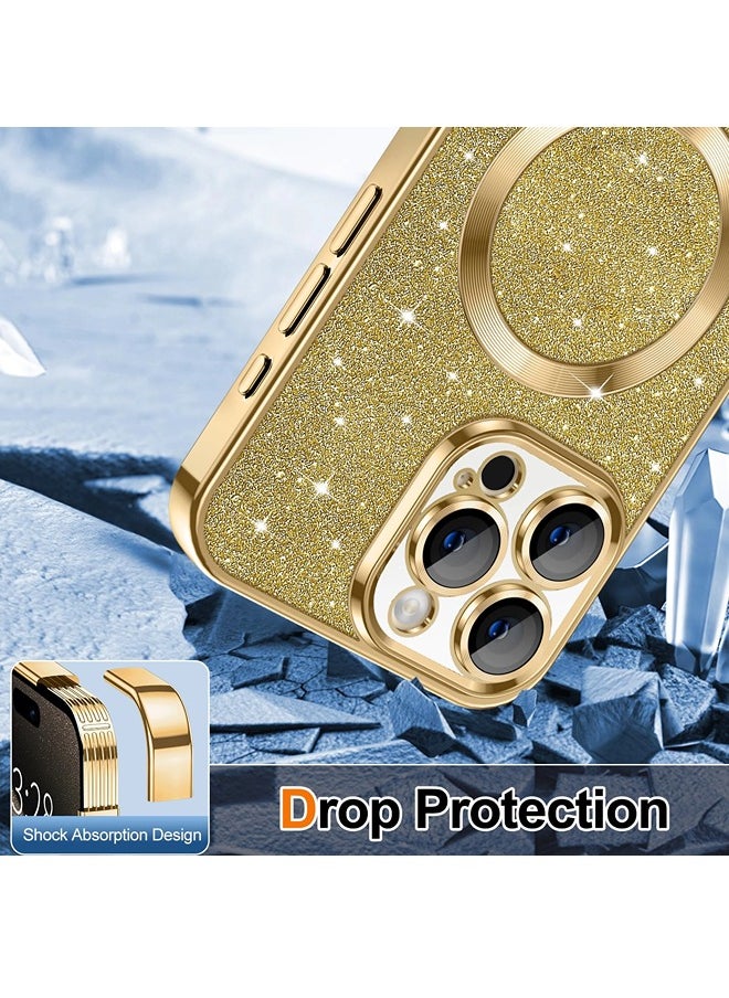 iPhone 16 Pro Case Glitter, Clear Magnetic Phone Cases with Camera Lens Protector [Compatible with MagSafe] Bling Sparkle Plating Soft TPU Shockproof Protective Cover Women Girls