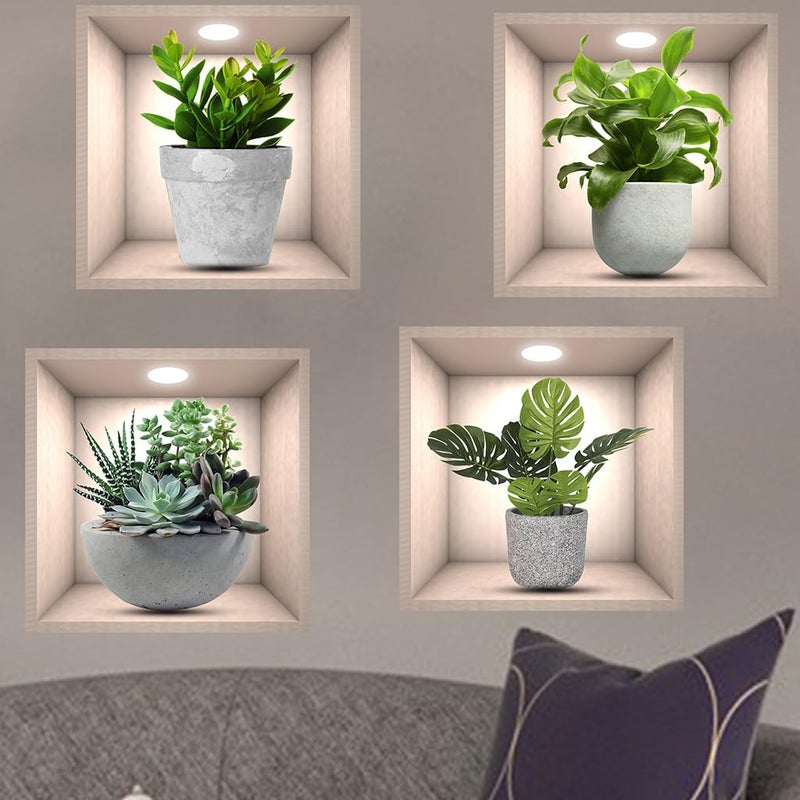 iMagitek 4 Pack 3D Green Plants Wall Stickers Botanical Plants Wall Decals for Bedroom Living Room Kitchen