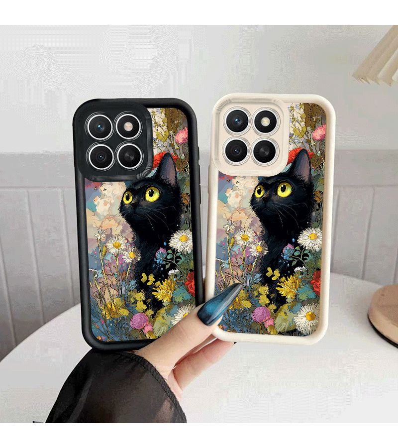 Phone Case Black Cat Flower Design Full Coverage Anti Fall Shockproof Case Compatible With X5b Plus X5 X5 Plus X6 X6b X7 X7a X7b X7c X8 X8a X8b X8c X9a X9b X9c Honor 200 200 Pro 200 Lite 200 Smart 5g 400 400 Pro 400 Lite Easy Stylish - Image 1