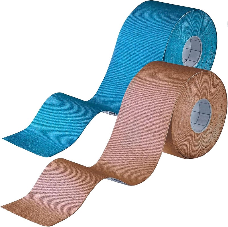 Axion Kinesiology Tape Uncut | 2 Rolls of Athletic Sports Tape in Blue and Beige | 16ft Length and 2'' Width per Roll | Waterproof • Skin-Friendly • Elastic | Ideal for Sports | - Image 1