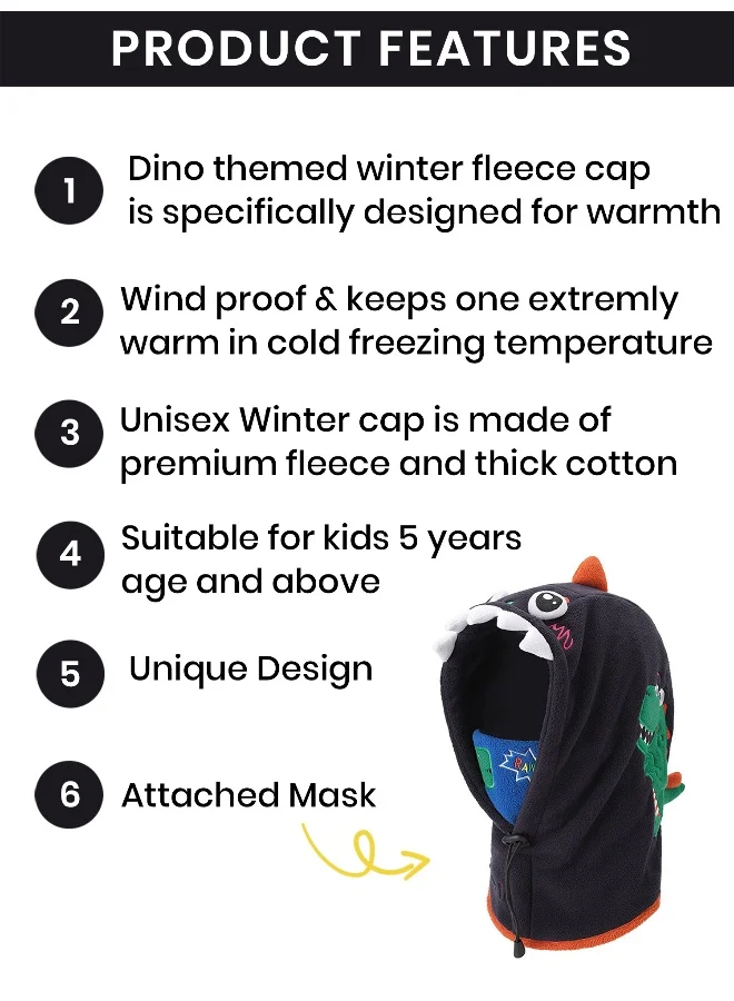 LITTLE SURPRISE BOX Blue Square Dino Fleece Winter Cap covering MouthNeck and Head for Minus degree Temperature5 yrs and above