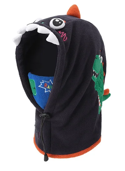 LITTLE SURPRISE BOX Blue Square Dino Fleece Winter Cap covering MouthNeck and Head for Minus degree Temperature5 yrs and above