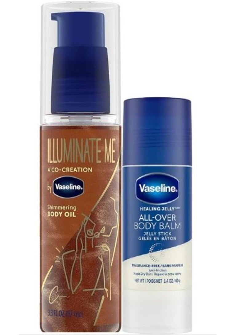 Vaseline Body Care Bundle – Illuminate Me Shimmering Body Oil with Bronzed Glow + Vaseline All-Over Body Balm Jelly Stick, Deep Moisturizing & Radiant Skin