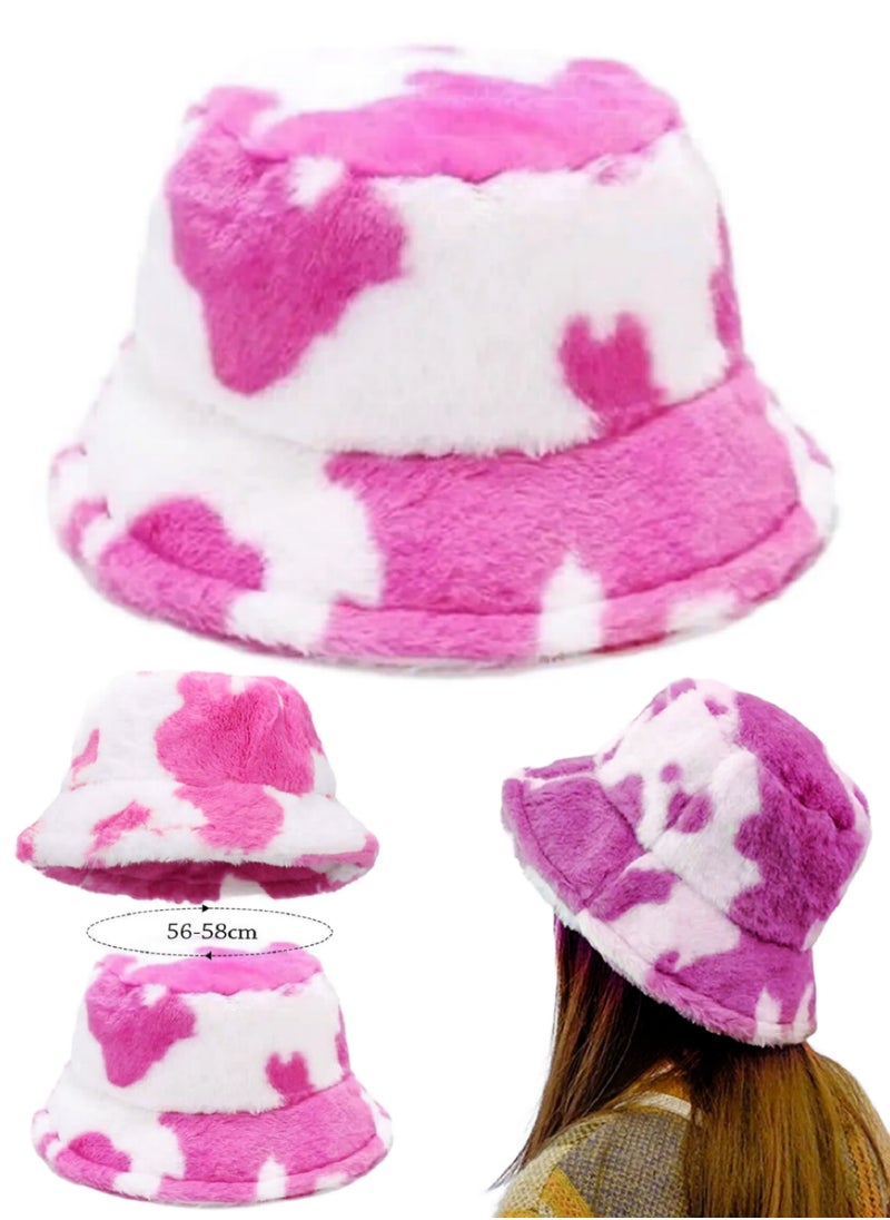 GoodBuy - Cow patterned winter fur baded bucket hat - Image 1