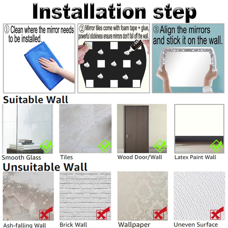 ZOLAPI Wave Pattern Crushed Diamond Body Mirror Set - 4pcs 11x15 inch Dressing & Makeup Mirror for Decor, Gym, Door (11x15 inch 4pcs) - Image 5