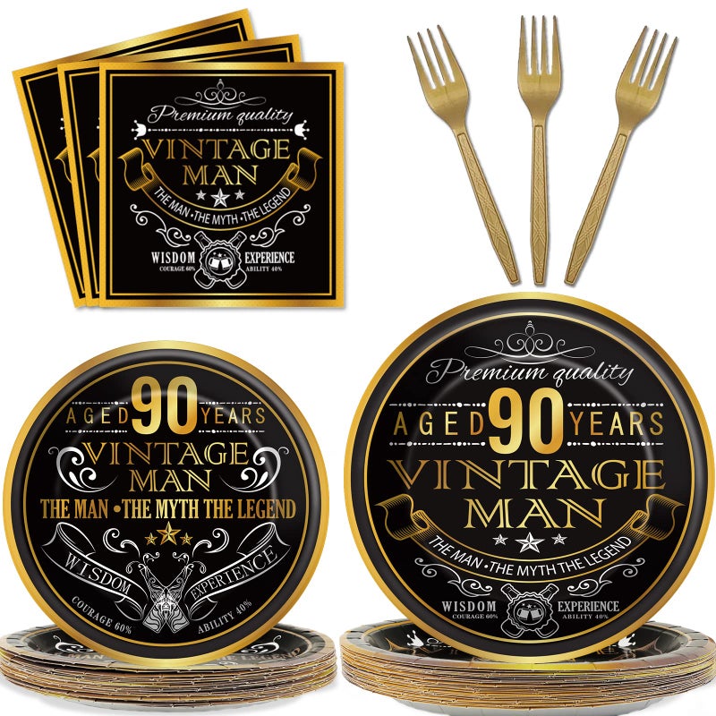 Wiooffen 96 Pcs Vintage 90th Party Tableware Set Back in 1935 90th Theme Birthday Party Table Decoration Supplies Cheers to 90 Years Paper Plate Napkin Fork 24 Guests for Men