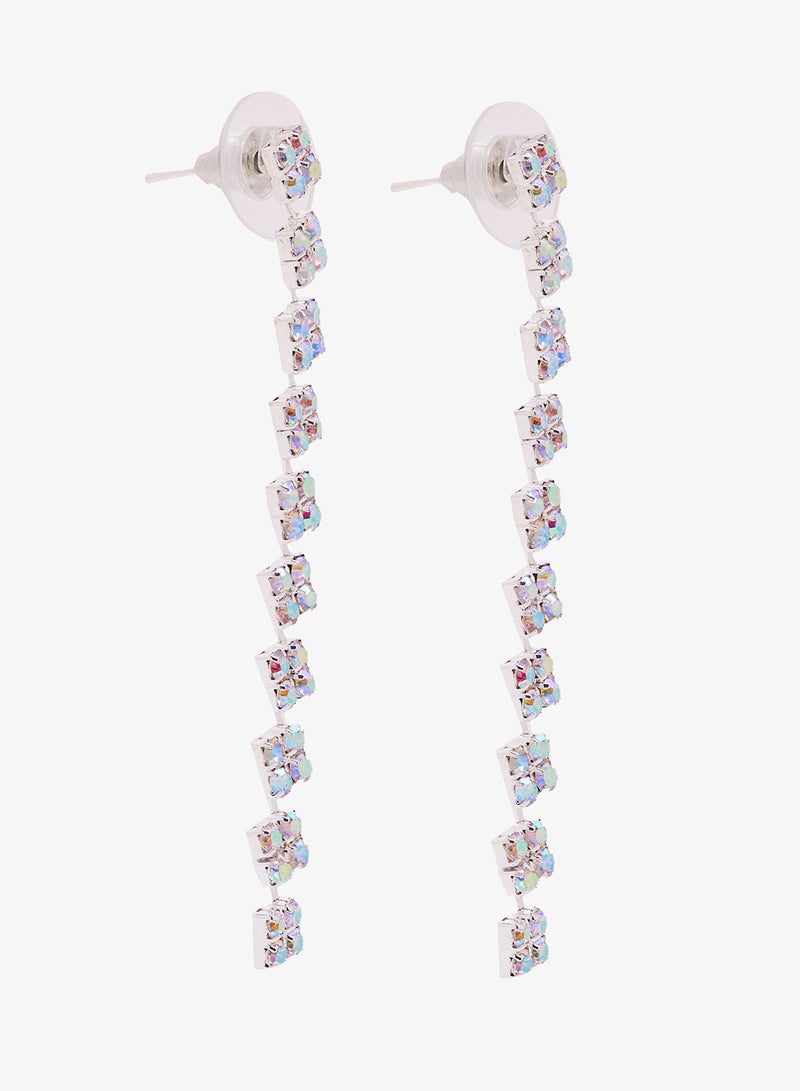 Ella Limited Edition Diamonte Embellished Rhinestone Detailed Drop Down Earrings Silver - Image 1
