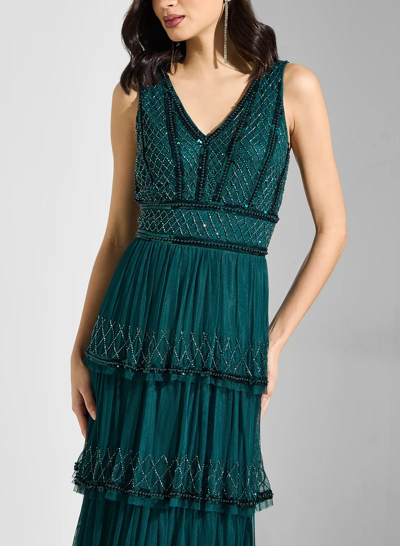نمشي x Embroidered Dress With Ruffled Layers