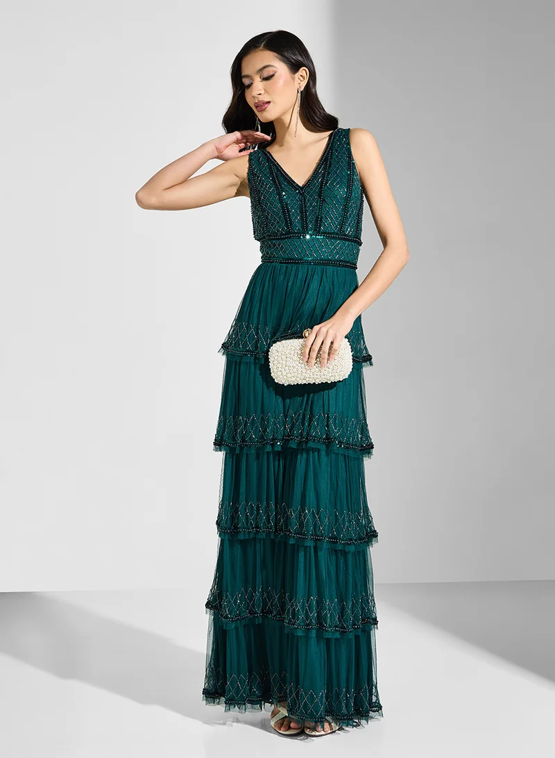 نمشي x Embroidered Dress With Ruffled Layers
